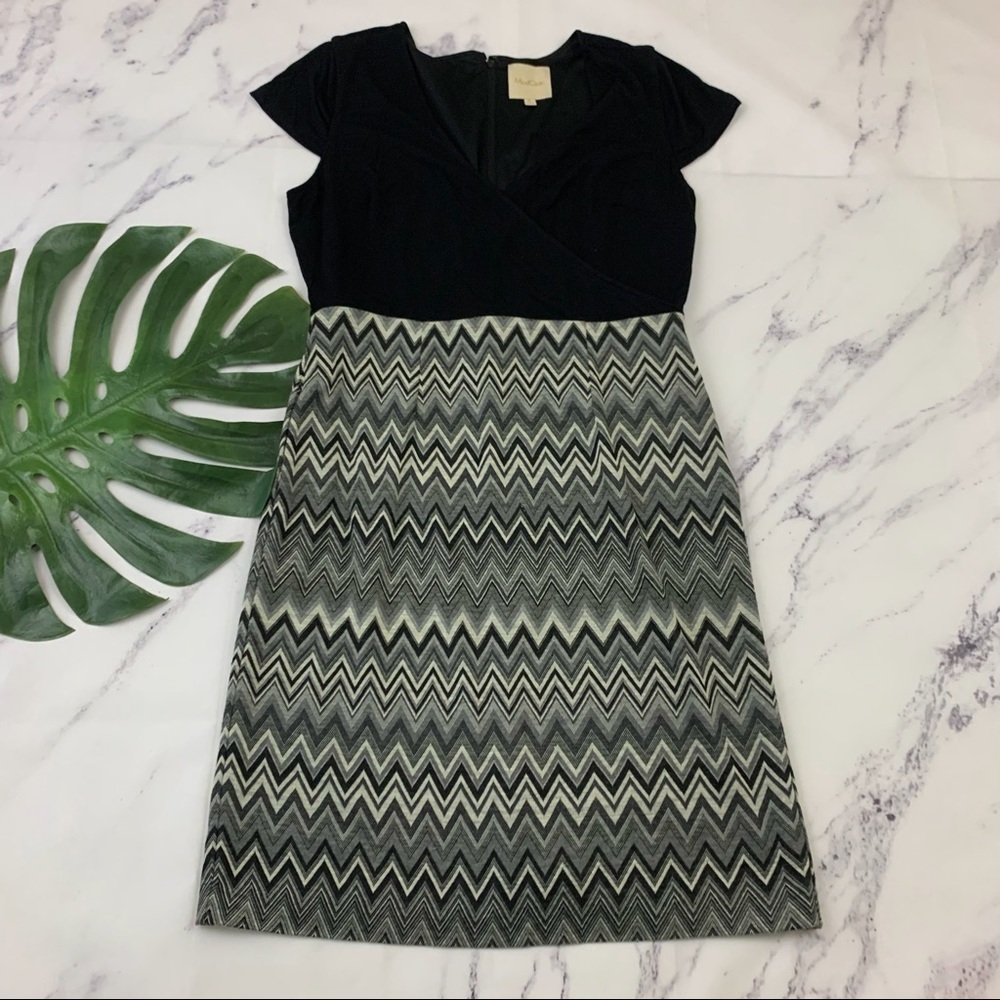 Modcloth black and gray striped cap sleeve sheath dress with pockets